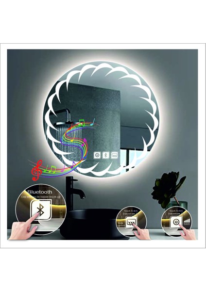 90 Cm Beyaz Ledli Tasarım Kumlamalı Dokunmatik Bluetoothlu Buğu Önleyicili Banyo Aynası Makyaj Ayna fiyatları