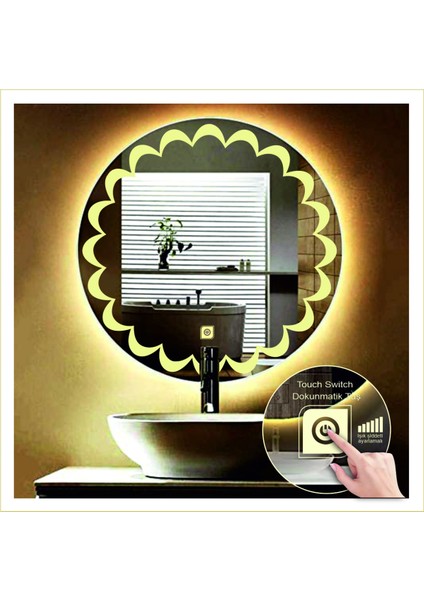 Dnr-Mirror 80 cm Beyaz Ledli Tasarım Kumlamalı Dokunmatik Tuşlu Banyo Aynası Makyaj Aynası Işıklı Ayna indirimleri