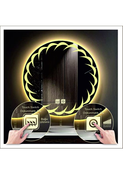 Dnr-Mirror 80 cm Günışığı Ledli Tasarım Kumlamalı Dokunmatik Tuşlu Buğu Önleyicili Banyo Aynası Makyaj Aynası