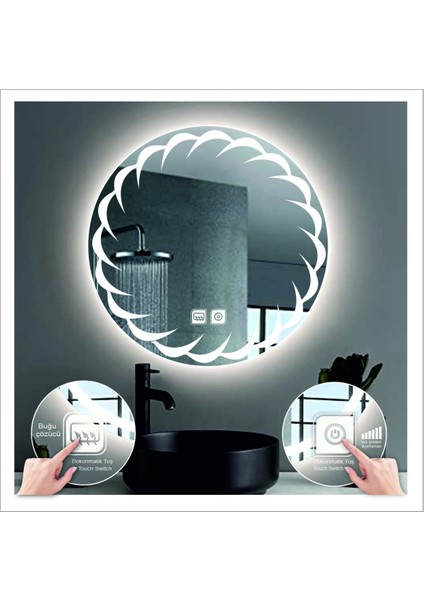Dnr-Mirror 80 cm Günışığı Ledli Tasarım Kumlamalı Dokunmatik Tuşlu Buğu Önleyicili Banyo Aynası Makyaj Aynası indirimleri