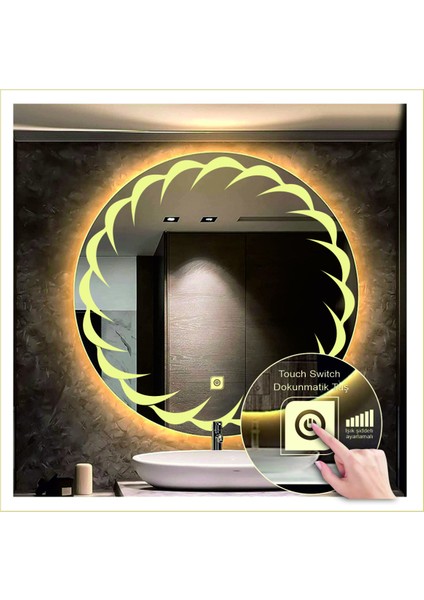 Dnr-Mirror 70 cm Günışığı Ledli Tasarım Kumlamalı Dokunmatik Tuşlu Banyo Aynası Makyaj Aynası Işıklı Ayna