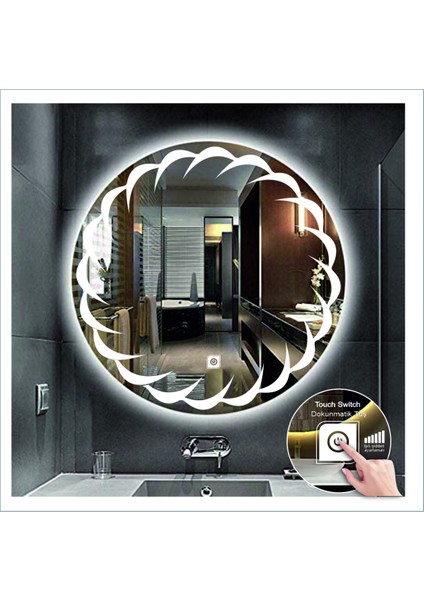 Dnr-Mirror 70 cm Günışığı Ledli Tasarım Kumlamalı Dokunmatik Tuşlu Banyo Aynası Makyaj Aynası Işıklı Ayna