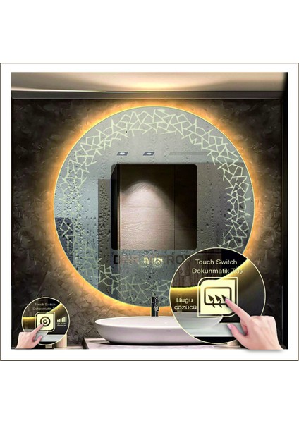 Dnr-Mirror 70 cm Beyaz Ledli Tasarım Kumlamalı Dokunmatik Tuşlu Buğu Önleyicili Banyo Aynası Makyaj Aynası fırsatları