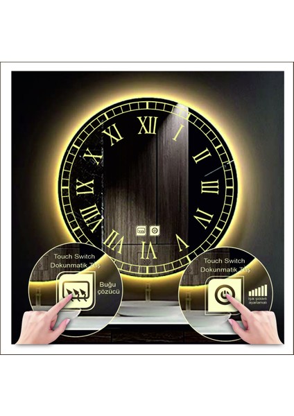 Dnr-Mirror 80 cm Günışığı Ledli Tasarım Kumlamalı Dokunmatik Tuşlu Buğu Önleyicili Banyo Aynası Makyaj Aynası