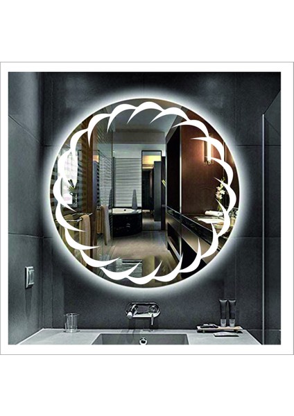 Dnr-Mirror 80 cm Beyaz Ledli Tasarım Kumlamalı Banyo Aynası Makyaj Aynası Işıklı Ayna