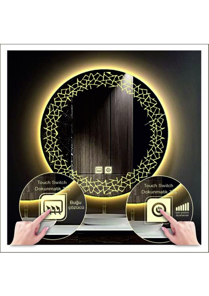 Dnr-Mirror 80 cm Beyaz Ledli Tasarım Kumlamalı Dokunmatik Tuşlu Buğu Önleyicili Banyo Aynası Makyaj Aynası modelleri