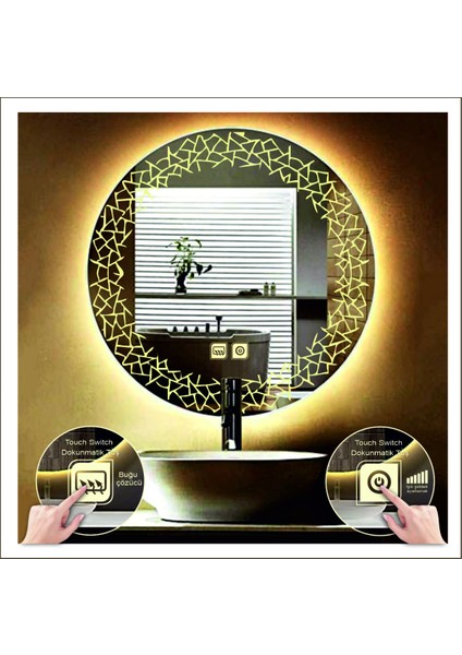 Dnr-Mirror 80 cm Beyaz Ledli Tasarım Kumlamalı Dokunmatik Tuşlu Buğu Önleyicili Banyo Aynası Makyaj Aynası indirimleri