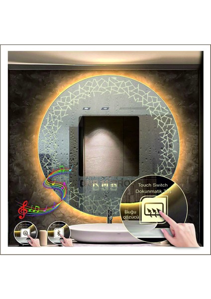 Dnr-Mirror 80 cm Beyaz Ledli Tasarım Kumlamalı Dokunmatik Bluetoothlu Buğu Önleyicili Banyo Aynası Makyaj Ayna indirimleri