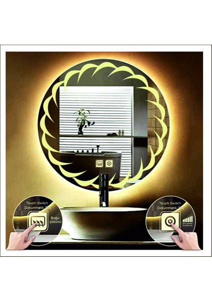 90 Cm Günışığı Ledli Tasarım Kumlamalı Dokunmatik Tuşlu Buğu Önleyicili Banyo Aynası Makyaj Aynası modelleri