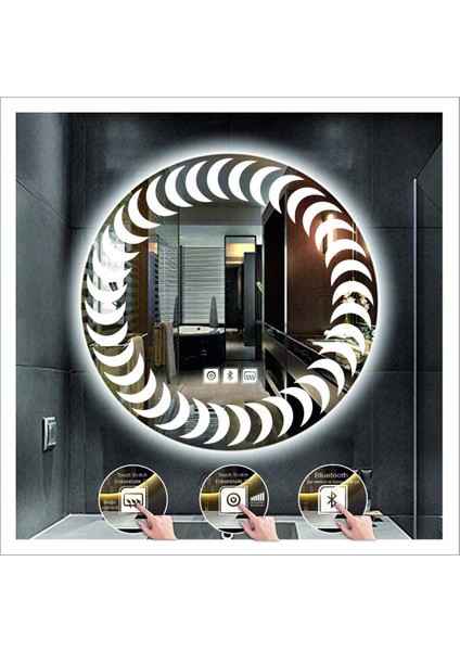Dnr-Mirror 80 cm Beyaz Ledli Tasarım Kumlamalı Dokunmatik Bluetoothlu Buğu Önleyicili Banyo Aynası Makyaj Ayna