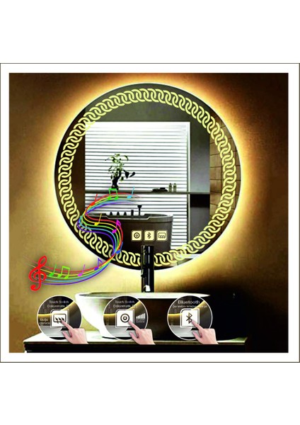 Dnr-Mirror 70 cm Beyaz Ledli Tasarım Kumlamalı Dokunmatik Bluetoothlu Buğu Önleyicili Banyo Aynası Makyaj Ayna modelleri