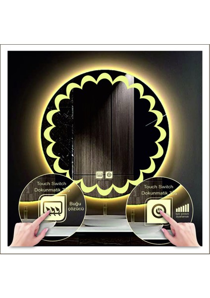 Dnr-Mirror 70 cm Günışığı Ledli Tasarım Kumlamalı Dokunmatik Tuşlu Buğu Önleyicili Banyo Aynası Makyaj Aynası