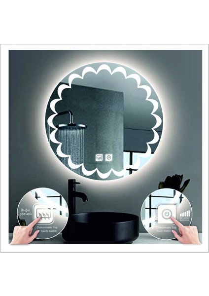 Dnr-Mirror 70 cm Günışığı Ledli Tasarım Kumlamalı Dokunmatik Tuşlu Buğu Önleyicili Banyo Aynası Makyaj Aynası indirimleri