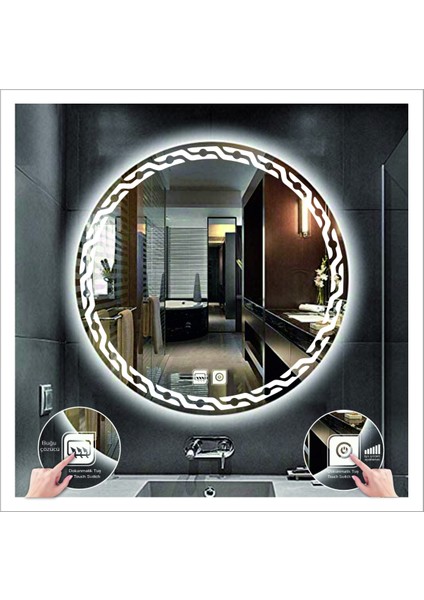 Dnr-Mirror 80 cm Beyaz Ledli Tasarım Kumlamalı Dokunmatik Tuşlu Buğu Önleyicili Banyo Aynası Makyaj Aynası