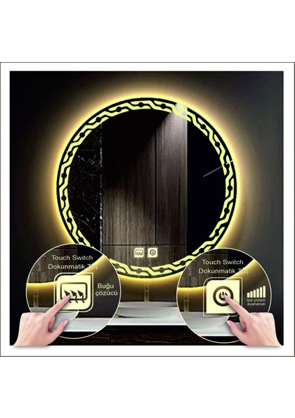 Dnr-Mirror 80 cm Beyaz Ledli Tasarım Kumlamalı Dokunmatik Tuşlu Buğu Önleyicili Banyo Aynası Makyaj Aynası modelleri