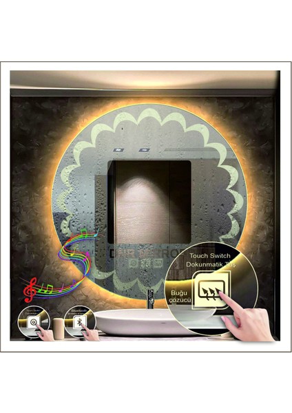 Dnr-Mirror 80 cm Günışığı Ledli Tasarım Kumlamalı Dokunmatik Bluetoothlu Buğu Önleyicili Makyaj Banyo Aynası fiyatları