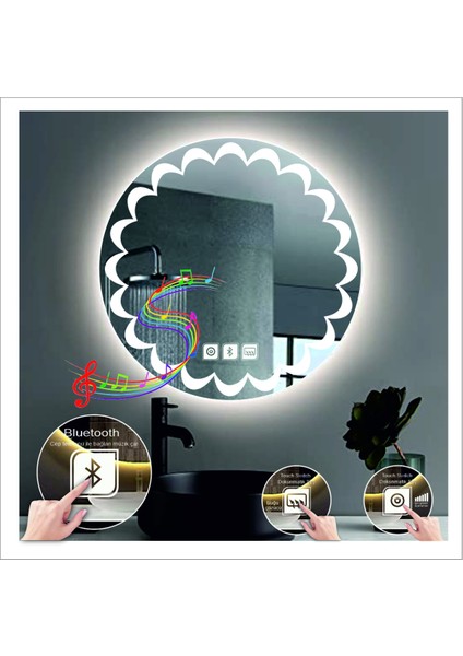 Dnr-Mirror 80 cm Günışığı Ledli Tasarım Kumlamalı Dokunmatik Bluetoothlu Buğu Önleyicili Makyaj Banyo Aynası indirimleri
