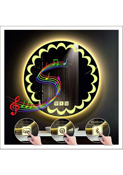 60 Cm Günışığı Ledli Tasarım Kumlamalı Dokunmatik Bluetoothlu Buğu Önleyicili Makyaj Banyo Aynası