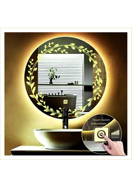 Dnr-Mirror 70 cm Beyaz Ledli Tasarım Kumlamalı Dokunmatik Tuşlu Banyo Aynası Makyaj Aynası Işıklı Ayna modelleri
