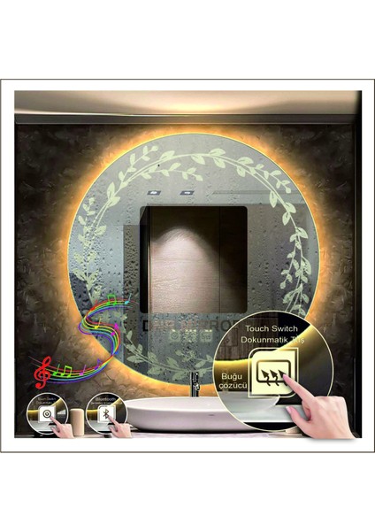 Dnr-Mirror 70 cm Beyaz Ledli Tasarım Kumlamalı Dokunmatik Bluetoothlu Buğu Önleyicili Banyo Aynası Makyaj Ayna fırsatları