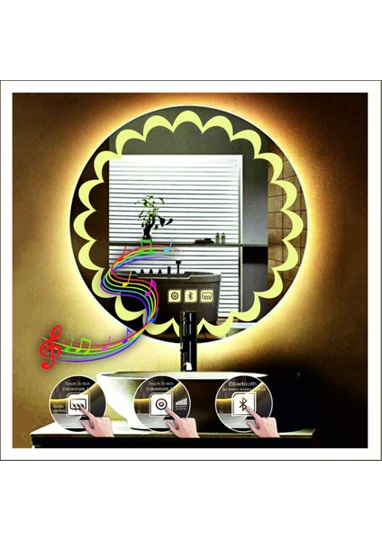 60 Cm Günışığı Ledli Tasarım Kumlamalı Dokunmatik Bluetoothlu Buğu Önleyicili Makyaj Banyo Aynası modelleri