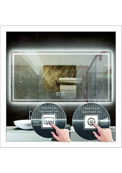 50xDnr-Mirror 70 cm Beyaz Ledli Tasarım Kumlamalı Dokunmatik Tuşlu Buğu Önleyicili Banyo Aynası Makyaj Aynası fiyatları