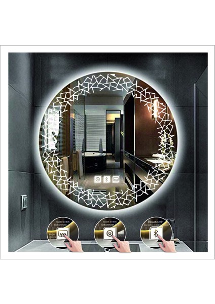 Dnr-Mirror 70 cm Beyaz Ledli Tasarım Kumlamalı Dokunmatik Bluetoothlu Buğu Önleyicili Banyo Aynası Makyaj Ayna