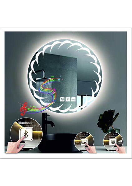 50 Cm Beyaz Ledli Tasarım Kumlamalı Dokunmatik Bluetoothlu Buğu Önleyicili Banyo Aynası Makyaj Ayna