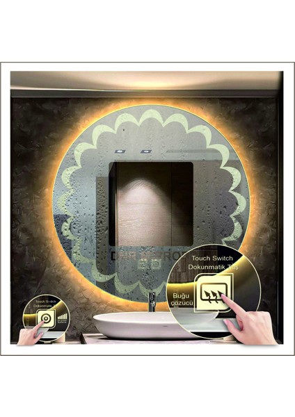 55 Cm Günışığı Ledli Tasarım Kumlamalı Dokunmatik Tuşlu Buğu Önleyicili Banyo Aynası Makyaj Aynası fiyatları