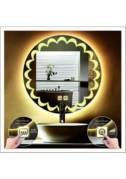 55 Cm Günışığı Ledli Tasarım Kumlamalı Dokunmatik Tuşlu Buğu Önleyicili Banyo Aynası Makyaj Aynası modelleri