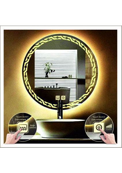 90 Cm Beyaz Ledli Tasarım Kumlamalı Dokunmatik Tuşlu Buğu Önleyicili Banyo Aynası Makyaj Aynası fırsatları
