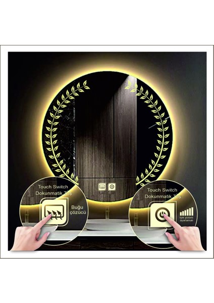 90 Cm Günışığı Ledli Tasarım Kumlamalı Dokunmatik Tuşlu Buğu Önleyicili Banyo Aynası Makyaj Aynası