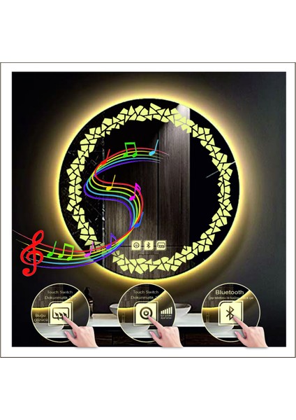 60 Cm Günışığı Ledli Tasarım Kumlamalı Dokunmatik Bluetoothlu Buğu Önleyicili Makyaj Banyo Aynası modelleri