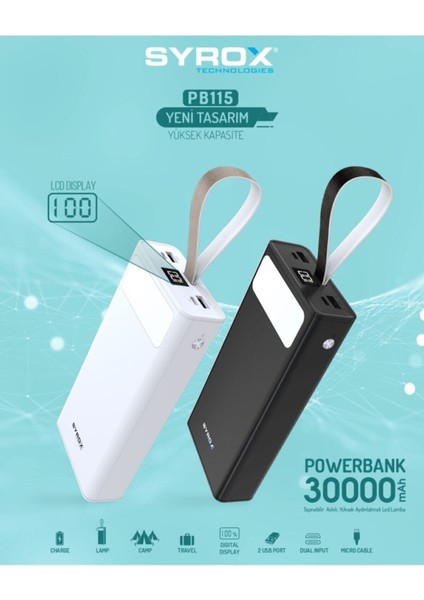 PB115 30000 Mah LED Ekranlı Beyaz Powerbank