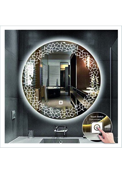 90 Cm Beyaz Ledli Tasarım Kumlamalı Dokunmatik Tuşlu Banyo Aynası Makyaj Aynası Işıklı Ayna
