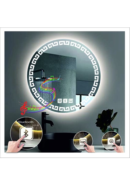 Dnr-Mirror 70 cm Beyaz Ledli Tasarım Kumlamalı Dokunmatik Bluetoothlu Buğu Önleyicili Banyo Aynası Makyaj Ayna fiyatları