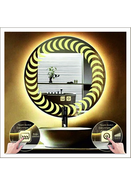 Dnr-Mirror 80 cm Günışığı Ledli Tasarım Kumlamalı Dokunmatik Tuşlu Buğu Önleyicili Banyo Aynası Makyaj Aynası