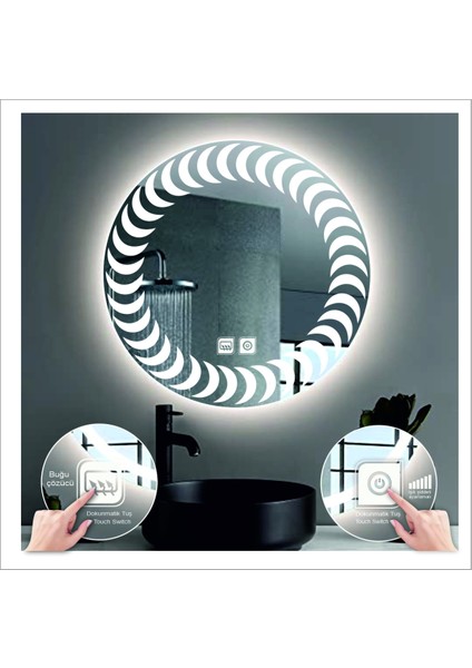Dnr-Mirror 80 cm Günışığı Ledli Tasarım Kumlamalı Dokunmatik Tuşlu Buğu Önleyicili Banyo Aynası Makyaj Aynası indirimleri