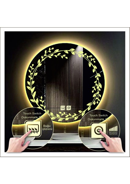 Dnr-Mirror 70 cm Günışığı Ledli Tasarım Kumlamalı Dokunmatik Tuşlu Buğu Önleyicili Banyo Aynası Makyaj Aynası