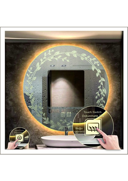 Dnr-Mirror 70 cm Günışığı Ledli Tasarım Kumlamalı Dokunmatik Tuşlu Buğu Önleyicili Banyo Aynası Makyaj Aynası fiyatları