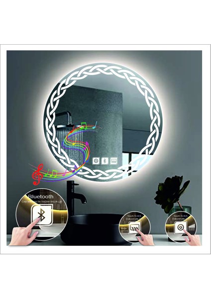 Dnr-Mirror 80 cm Beyaz Ledli Tasarım Kumlamalı Dokunmatik Bluetoothlu Buğu Önleyicili Banyo Aynası Makyaj Ayna fiyatları