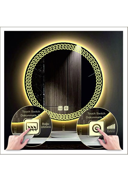 Dnr-Mirror 80 cm Günışığı Ledli Tasarım Kumlamalı Dokunmatik Tuşlu Buğu Önleyicili Banyo Aynası Makyaj Aynası