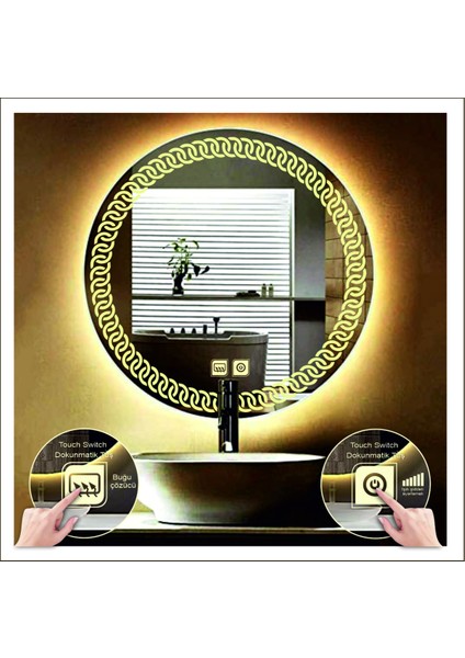 Dnr-Mirror 80 cm Günışığı Ledli Tasarım Kumlamalı Dokunmatik Tuşlu Buğu Önleyicili Banyo Aynası Makyaj Aynası modelleri