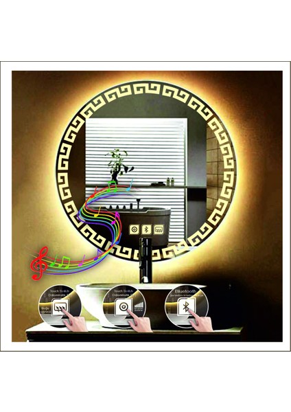 60 Cm Günışığı Ledli Tasarım Kumlamalı Dokunmatik Bluetoothlu Buğu Önleyicili Makyaj Banyo Aynası