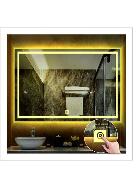 80x120 Cm Günışığı Ledli Tasarım Kumlamalı Dokunmatik Tuşlu Banyo Aynası Makyaj Aynası Işıklı Ayna