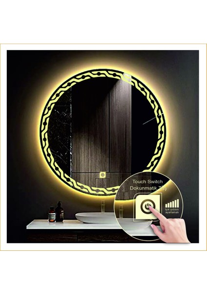 Dnr-Mirror 80 cm Günışığı Ledli Tasarım Kumlamalı Dokunmatik Tuşlu Banyo Aynası Makyaj Aynası Işıklı Ayna