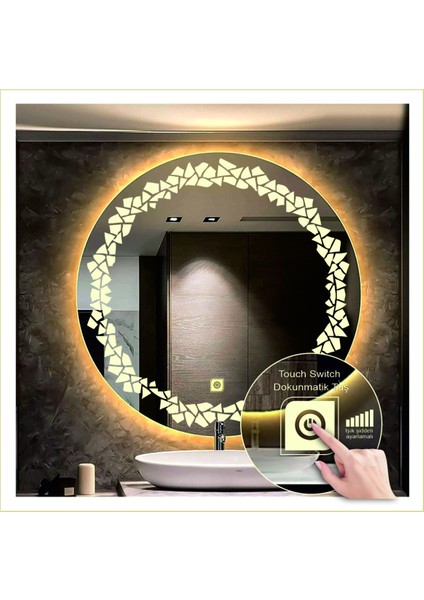 Dnr-Mirror 70 cm Günışığı Ledli Tasarım Kumlamalı Dokunmatik Tuşlu Banyo Aynası Makyaj Aynası Işıklı Ayna