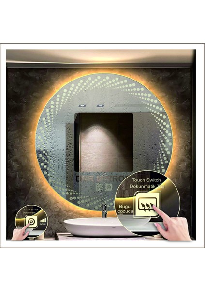 Dnr-Mirror 80 cm Beyaz Ledli Tasarım Kumlamalı Dokunmatik Tuşlu Buğu Önleyicili Banyo Aynası Makyaj Aynası fırsatları