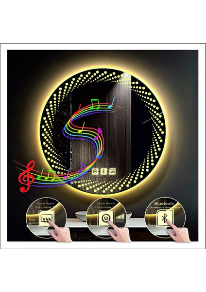 60 Cm Günışığı Ledli Tasarım Kumlamalı Dokunmatik Bluetoothlu Buğu Önleyicili Makyaj Banyo Aynası