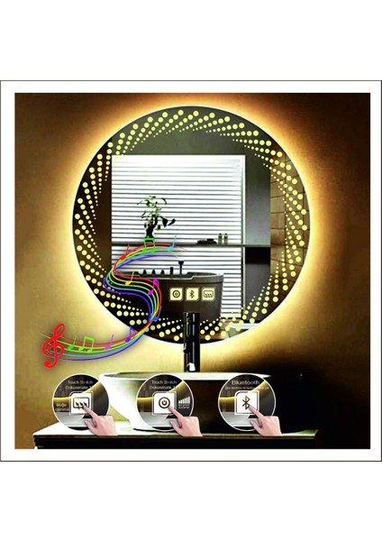 60 Cm Günışığı Ledli Tasarım Kumlamalı Dokunmatik Bluetoothlu Buğu Önleyicili Makyaj Banyo Aynası modelleri